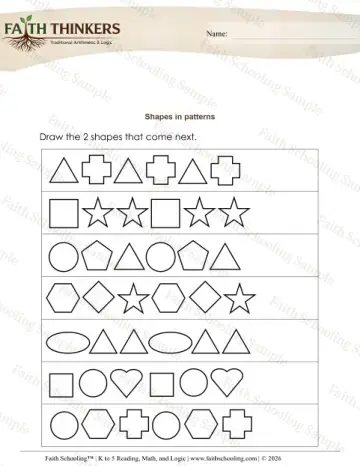 Kindergarten math worksheet — Logic and Patterns. Pattern Shapes (Practice Set 2)