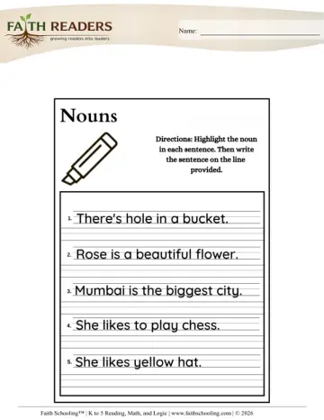 Kindergarten Grammar & Writing: Nouns — worksheet preview