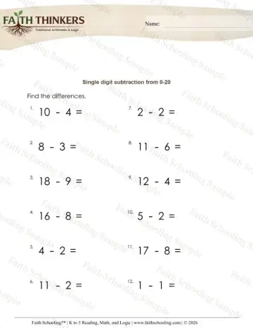 Kindergarten early learning worksheet — Subtraction One-Digit From 20 (Practice Set 4)