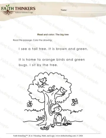 Kindergarten reading comprehension worksheet — Read and Color (Practice Set 3)