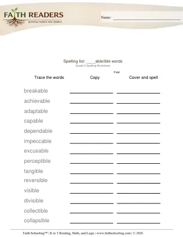 Grade 5 Phonics, Decoding & Spelling Patterns: Spelling Lists — worksheet preview