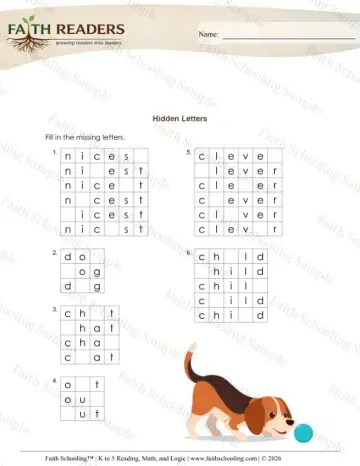 1st Grade phonics worksheet — Hidden Letters (Practice Set 2)