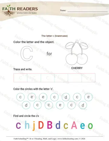 Kindergarten phonics worksheet — Lowercase Letter C (Practice Set 2)