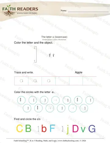 Kindergarten phonics worksheet — Lowercase Letter a (Practice Set 1)