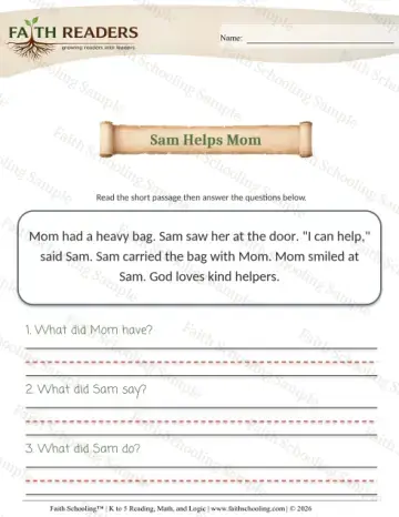 Kindergarten reading comprehension worksheet — Reading Passages. K Comprehension Reading Comprehension 2 Sam Helps Mom