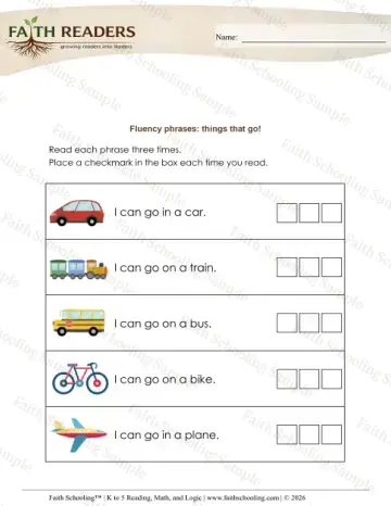 Kindergarten reading comprehension worksheet — Fluency Phrases (Practice Set 2)