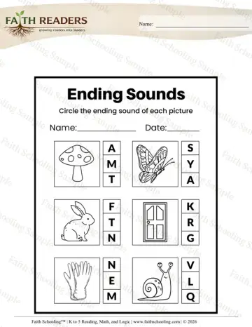Kindergarten phonics worksheet — Beginning, Middle, and Ending Sounds. Ending Sounds Circle the Letter (Practice Set 7)