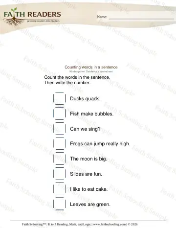 Kindergarten grammar & writing worksheet — Sentences. Counting Words Sentence (Practice Set 2)
