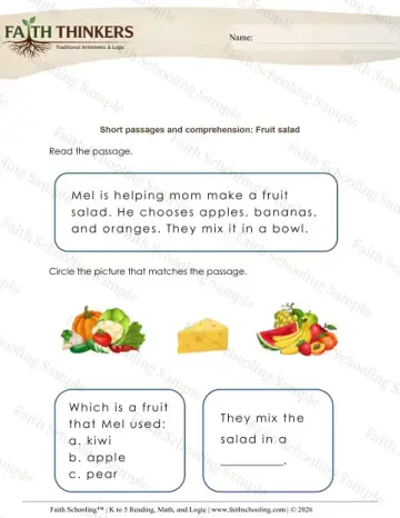Kindergarten reading comprehension worksheet — Short Passages Comprehension (Practice Set 4)