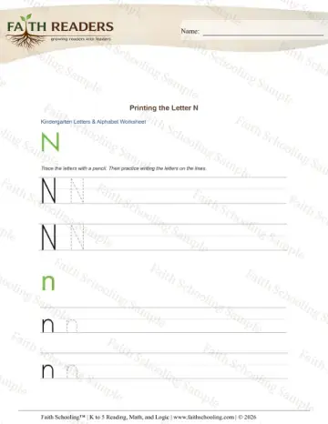 Kindergarten phonics worksheet — Letter Tracing and Printing. Printing Letters N