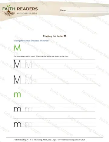 Kindergarten phonics worksheet — Letter Tracing and Printing. Printing Letters M