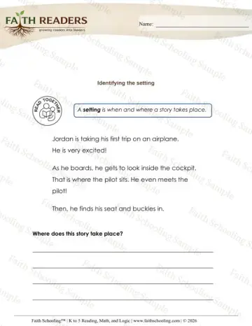 Kindergarten reading comprehension worksheet — Story Elements. Settings (Practice Set 4)