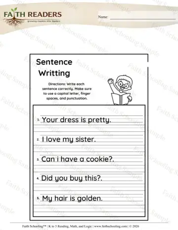 Kindergarten grammar & writing worksheet — Sentence Writing Practice (Practice Set 6)