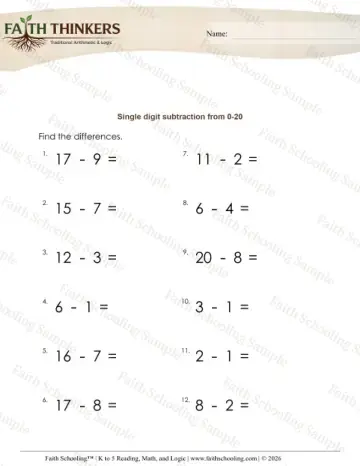 Kindergarten early learning worksheet — Subtraction One-Digit From 20 (Practice Set 5)