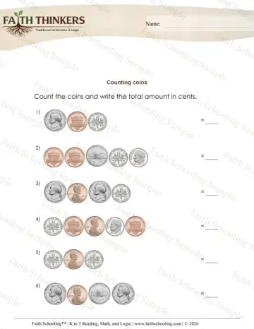 Kindergarten early learning worksheet — Counting Small Coins (Practice Set 6)