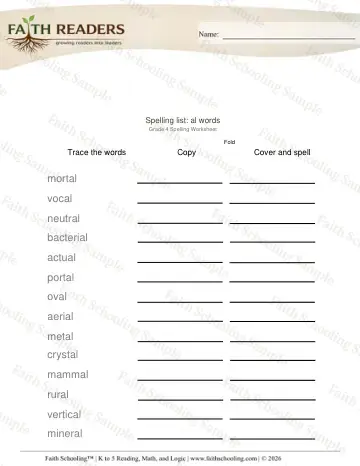 4th Grade phonics worksheet — Spelling List Al Words