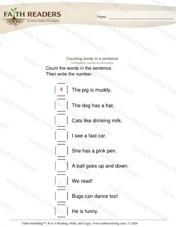 Kindergarten grammar & writing worksheet — Sentences. Counting Words Sentence (Practice Set 3)