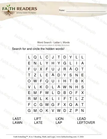 Kindergarten vocabulary & word study worksheet — Word Puzzles. Word Search Letter L