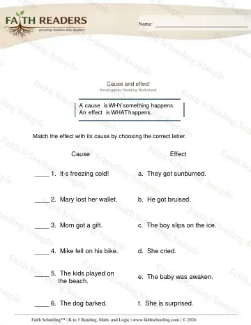 Kindergarten reading comprehension worksheet — Cause and Effect (Practice Set 3)