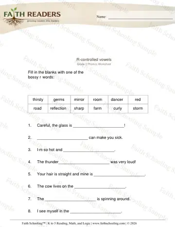 2nd Grade phonics worksheet — Vowel Sounds. R Controlled Vowels (Practice Set 1)