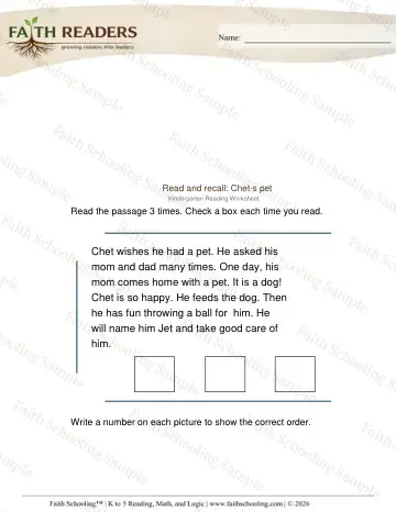 Kindergarten reading comprehension worksheet — Details and Inference. Read Recall (Practice Set 1)