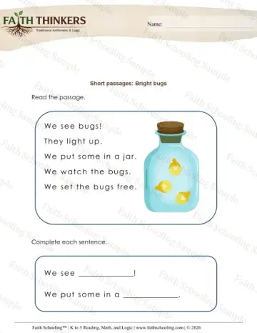 Kindergarten reading comprehension worksheet — Short Passages (Practice Set 4)