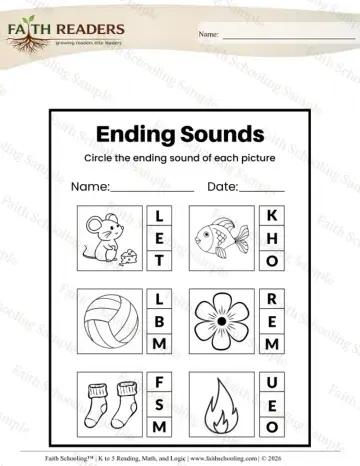 Kindergarten phonics worksheet — Beginning, Middle, and Ending Sounds. Ending Sounds Circle the Letter (Practice Set 6)