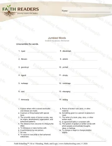 5th Grade phonics worksheet — Word Building & Unscramble. Jumbled Words (Practice Set 7)