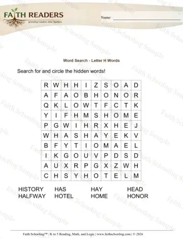 Kindergarten vocabulary & word study worksheet — Word Search Letter H