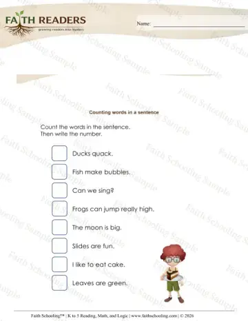 Kindergarten grammar & writing worksheet — Sentences. Counting Words Sentence (Practice Set 5)