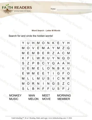 Kindergarten vocabulary & word study worksheet — Word Search Letter M