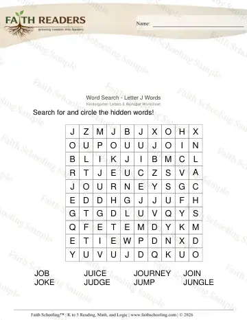 Kindergarten vocabulary & word study worksheet — Word Puzzles. Word Search Letter J