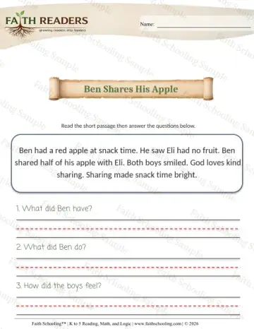 Kindergarten reading comprehension worksheet — Reading Passages. K Comprehension Reading Comprehension 5 Ben Shares His Apple