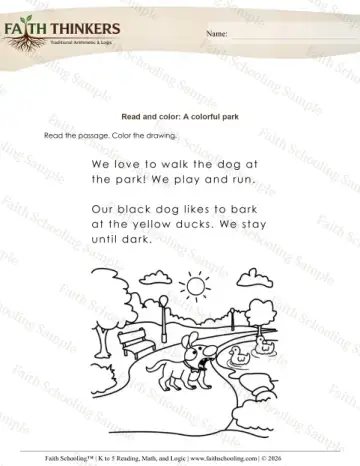 Kindergarten reading comprehension worksheet — Read and Color (Practice Set 2)