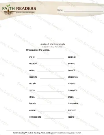5th Grade phonics worksheet — Word Building & Unscramble. Jumbled Words (Practice Set 5)