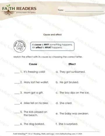 Kindergarten reading comprehension worksheet — Cause and Effect (Practice Set 4)