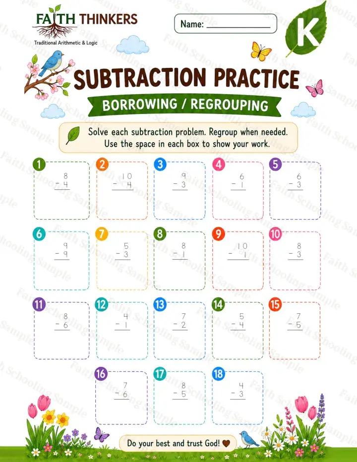 Kindergarten math worksheet — Spring Subtraction Practice 3 (free printable)