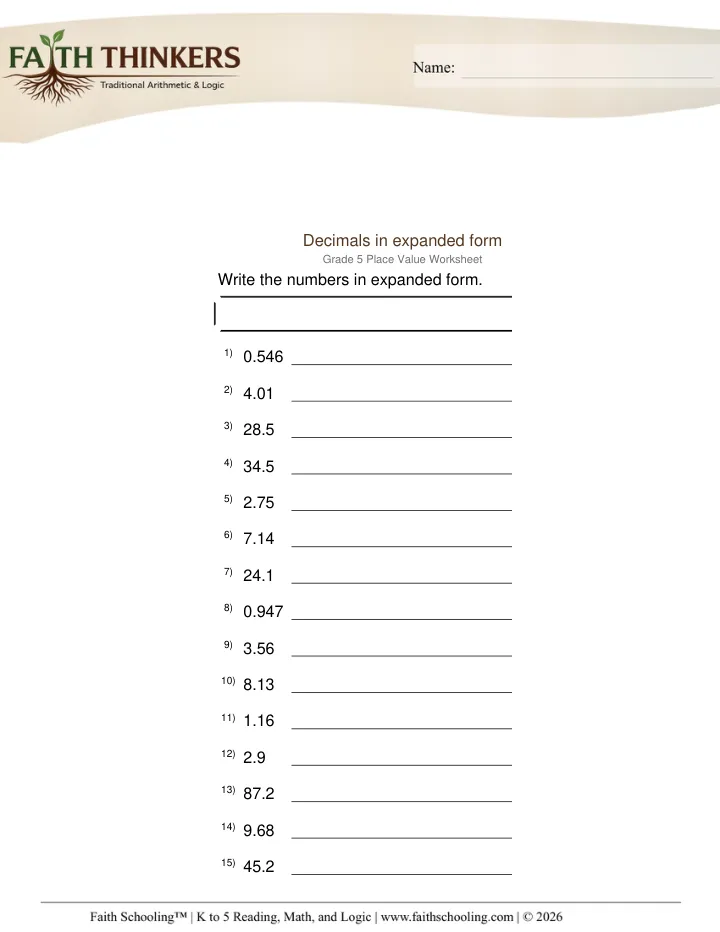 Place Value worksheet sample
