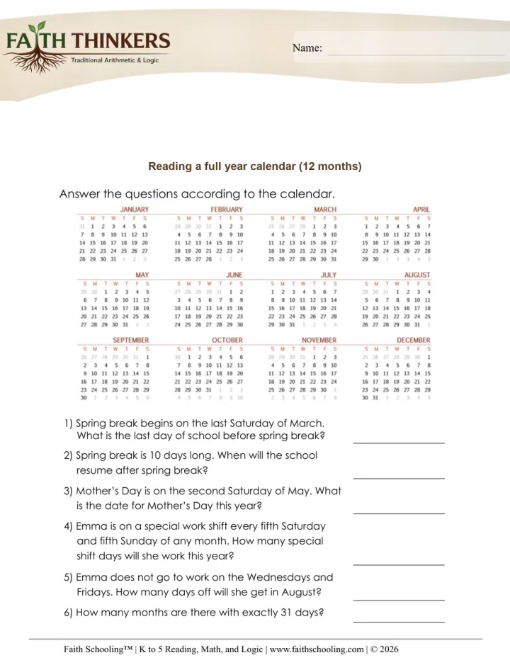 Calendar worksheet sample