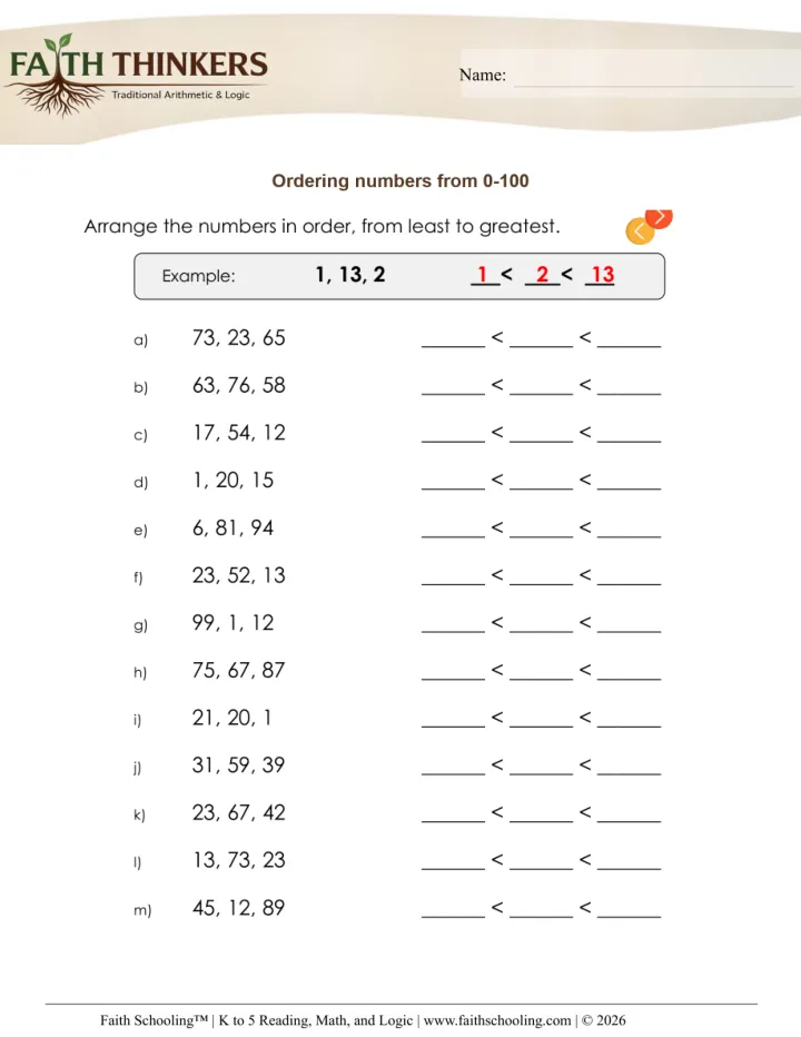 Number Order Sequence worksheet sample
