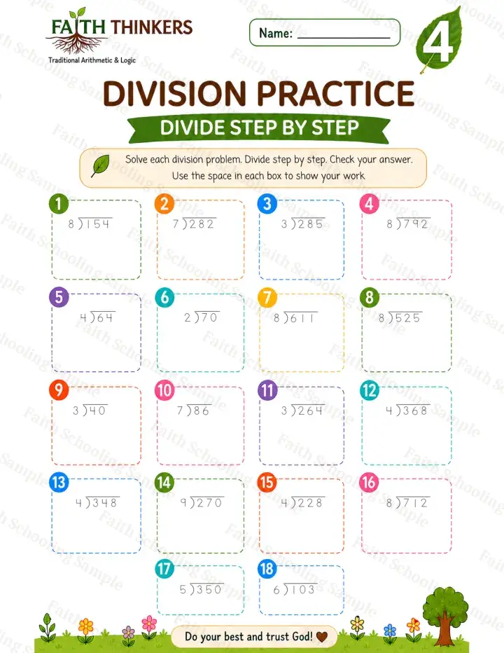 4th Grade math worksheet — Summer Division Practice 1 (free printable)