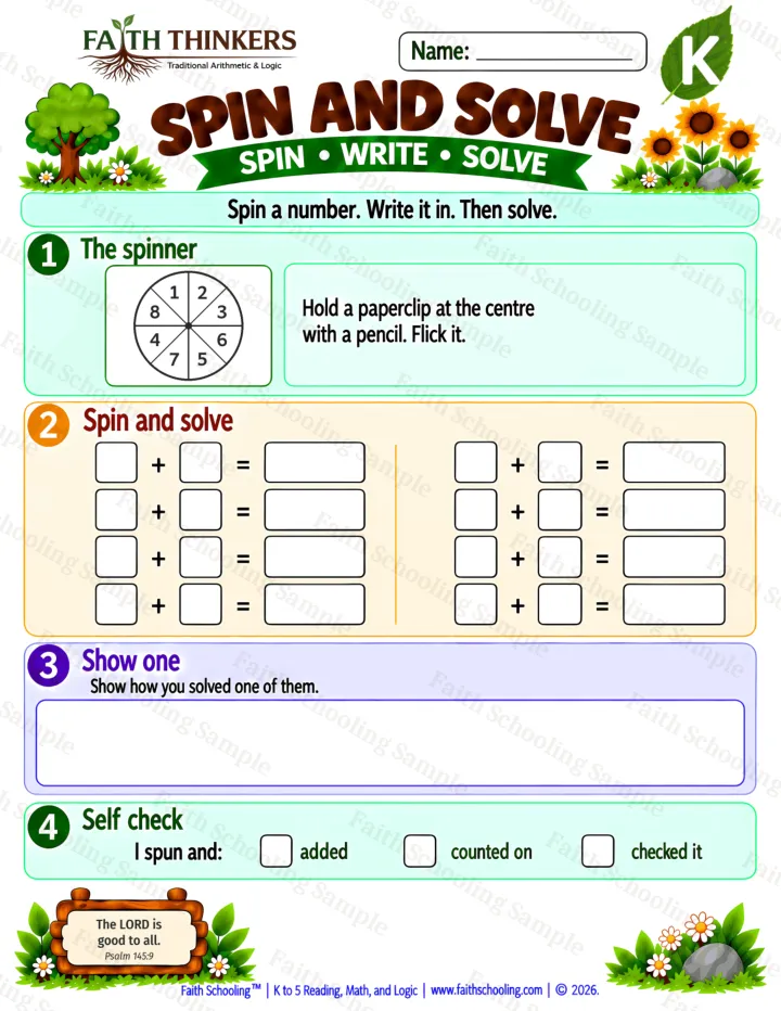 Kindergarten Spin And Solve worksheet preview