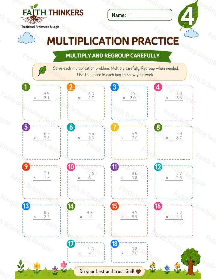 4th Grade math worksheet — Summer Multiplication Practice 3 (free printable)