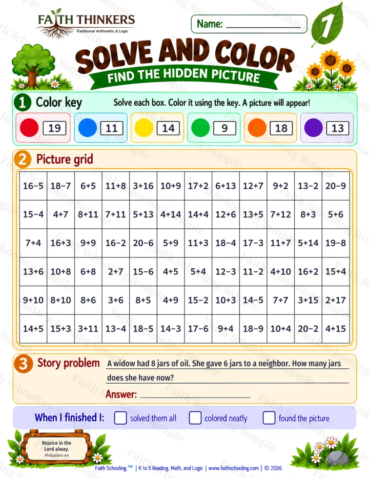 Grade 1 Solve And Color worksheet preview