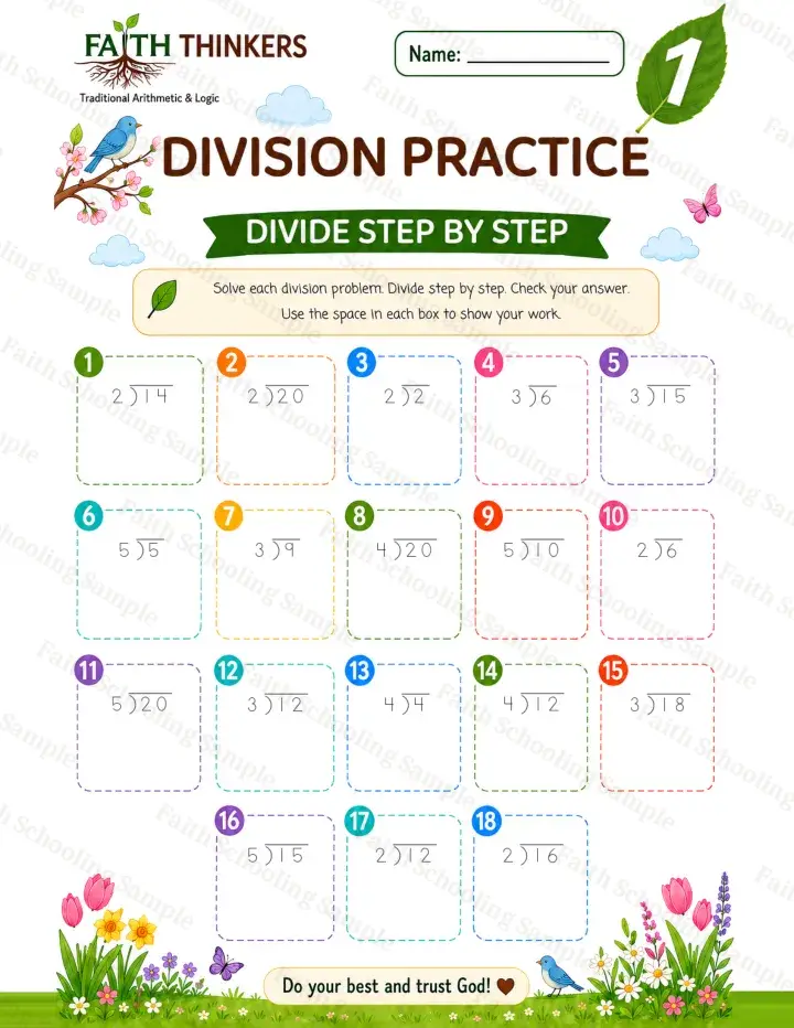 1st Grade math worksheet — Spring Division Practice 2 (free printable)