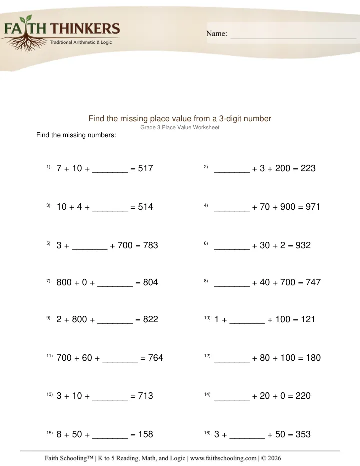 Place Digit Values worksheet sample