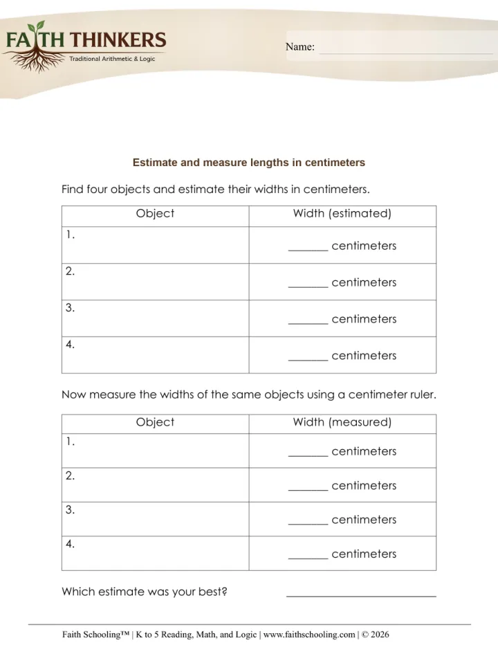 Estimating Measurement worksheet sample