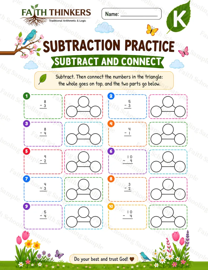 Kindergarten Spring Subtract And Connect worksheet preview