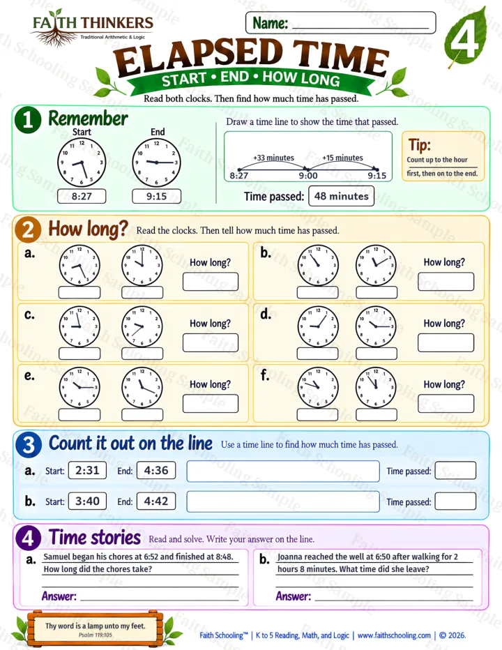 4th Grade math worksheet — Elapsed Time Practice 1 (free printable)