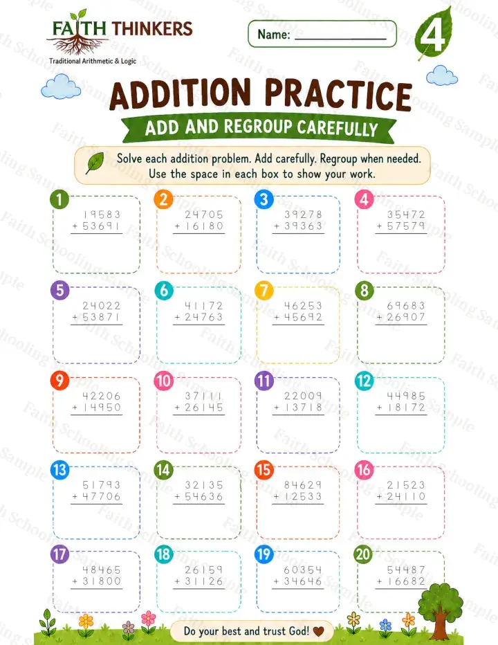 4th Grade math worksheet — Summer Addition Practice 2 (free printable)